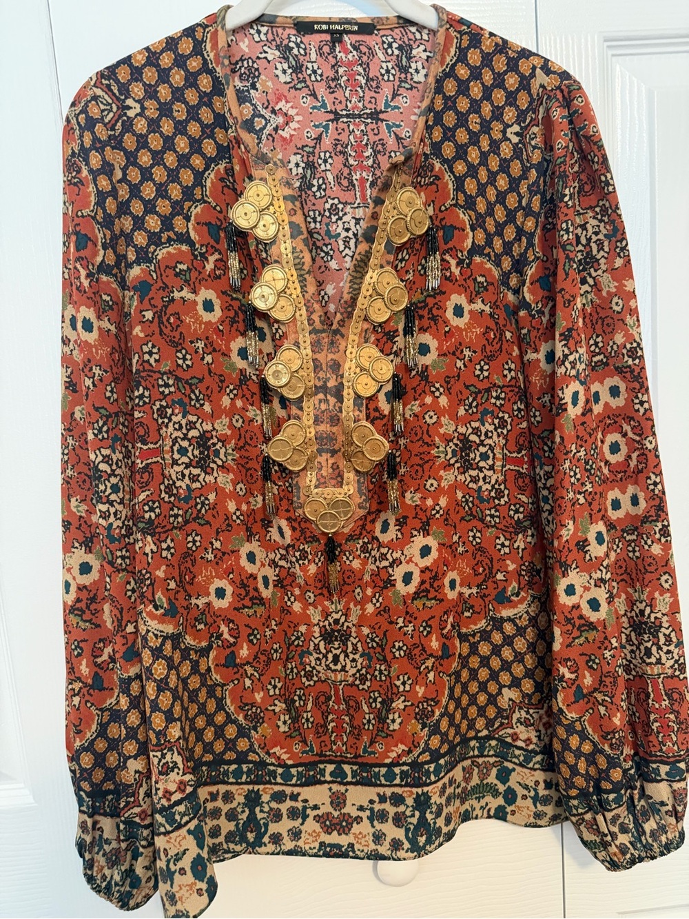 Kobi Halperin Rust Red & Navy Floral Paisley Tunic with Gold Coin Trim
